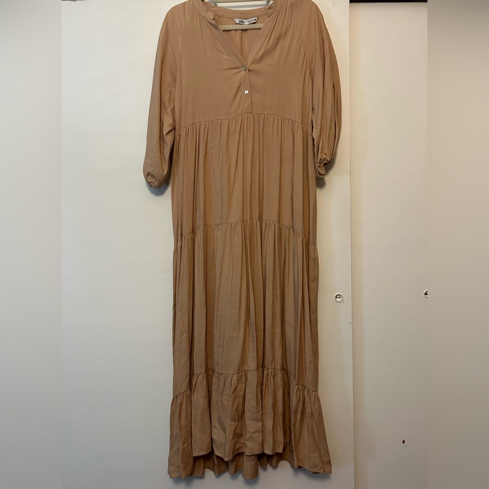 Zara beige maxi prairie dress with 3/4 sleeves.